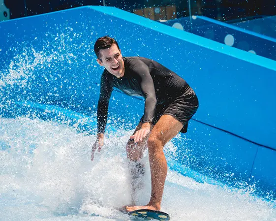 AQUA  WAVE CF  A deepwater surfing machine featuring a permanent water pool constructed with concrete and tiles.